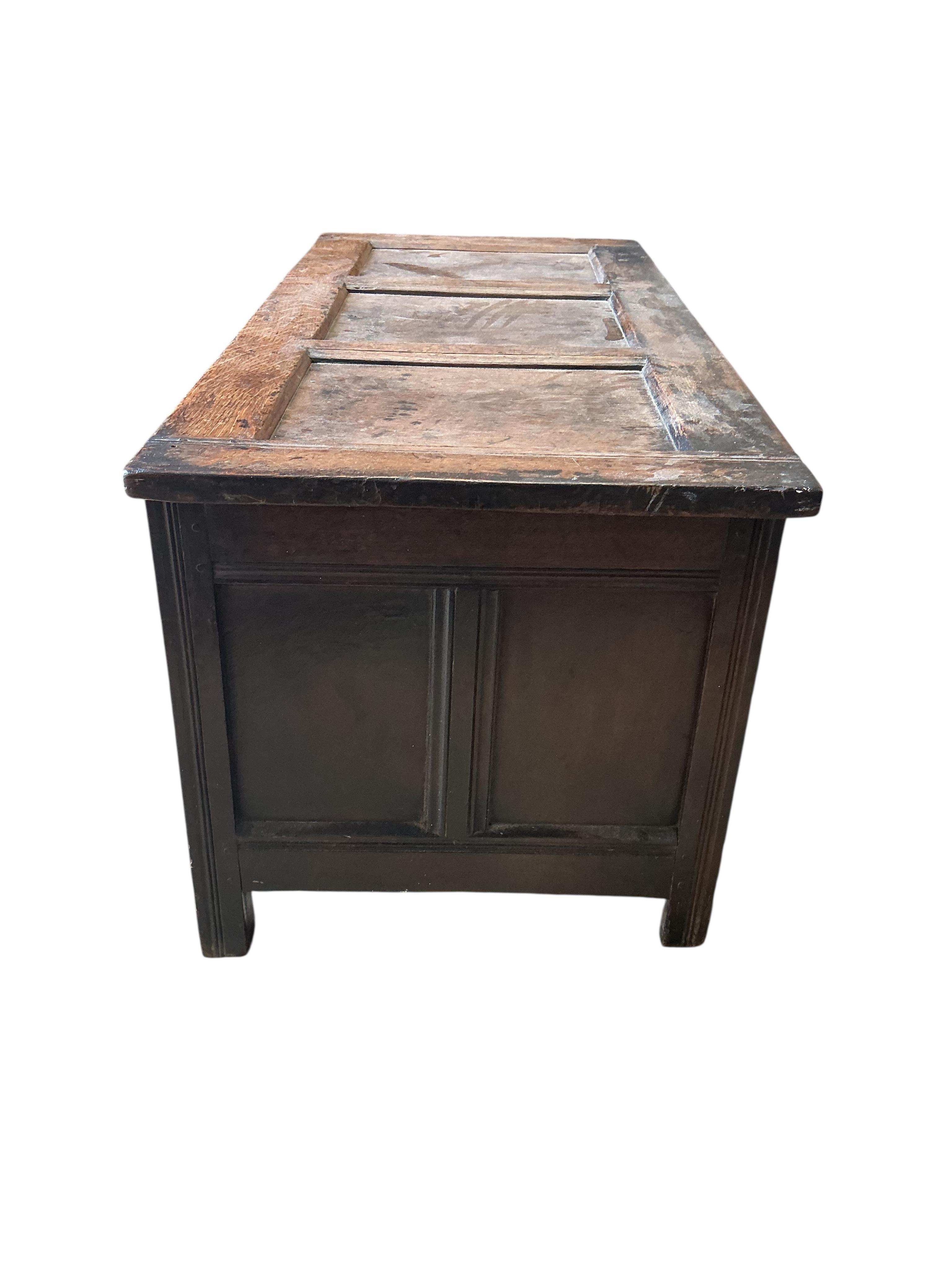 A 17th century panelled oak coffer, width 121cm, depth 57cm, height 58cm